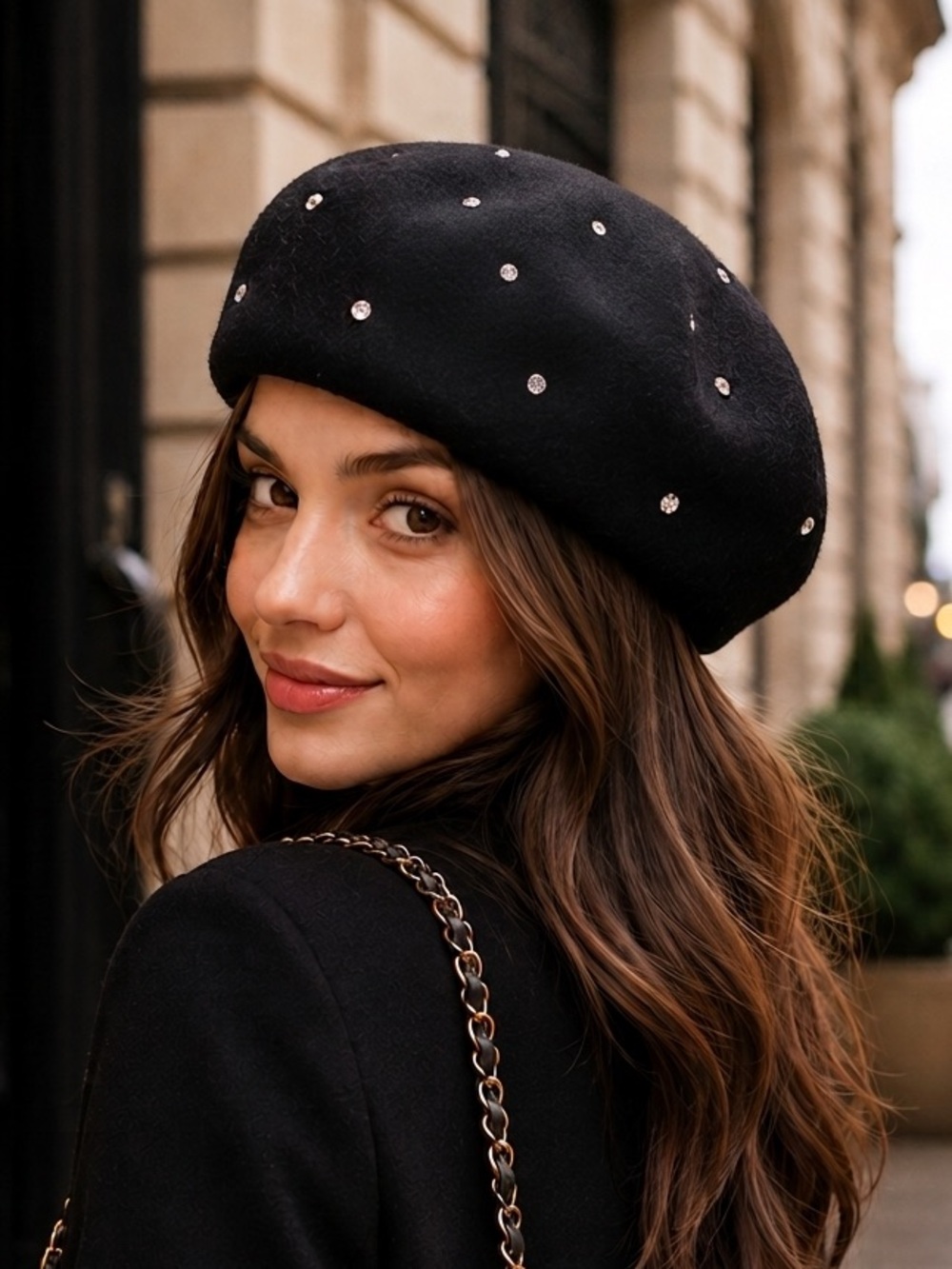 Kate Spade Rhinestone Black Wool Beret Hat NWT